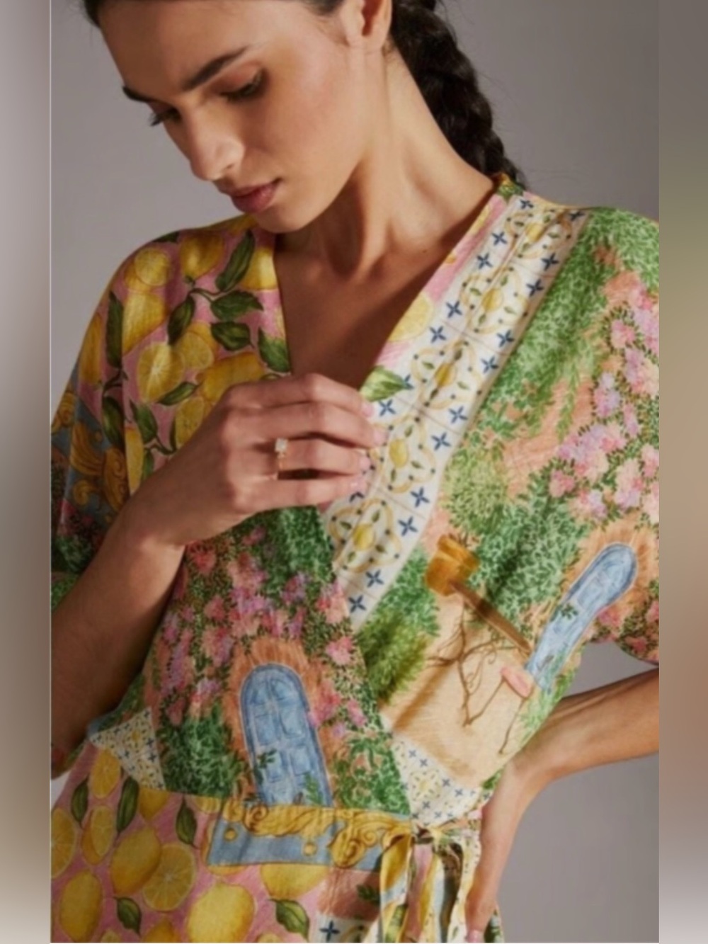 Aldo Martins Abstract Print Knit Tie Waist Midi Cardigan Dress Floral Lemons O/S - Picture 4 of 16